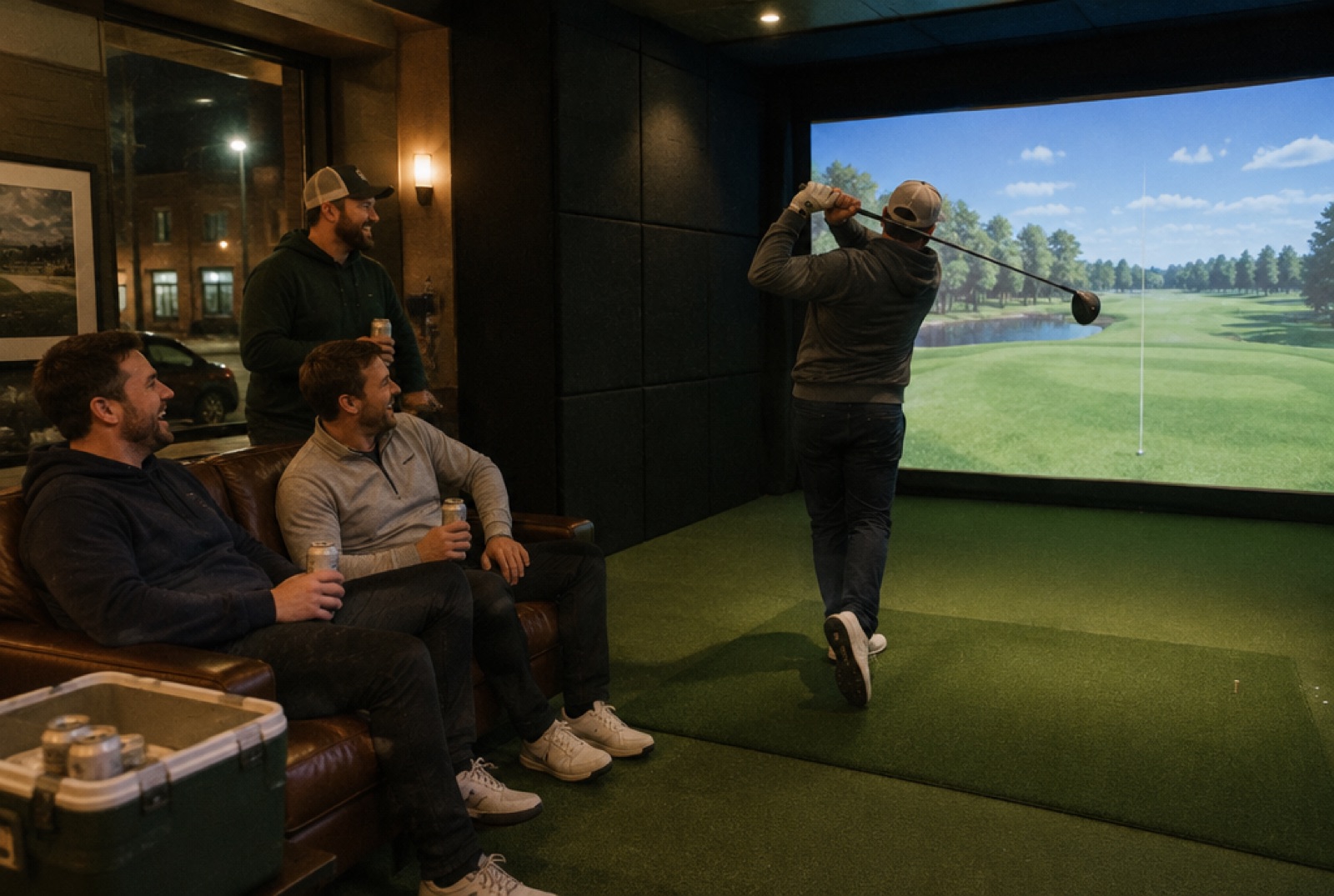 Four friends in a simulator bay, one mid-swing, the others with beers